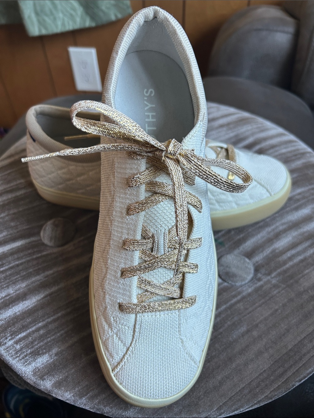 Rothy's White Sneakers with Gold Metallic Laces